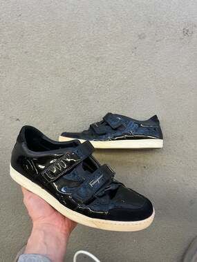 Salvatore Ferragamo Black Patent Leather Double Velcro Strap Sneakers Size 11 EE
